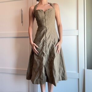 An army green zip-front dress